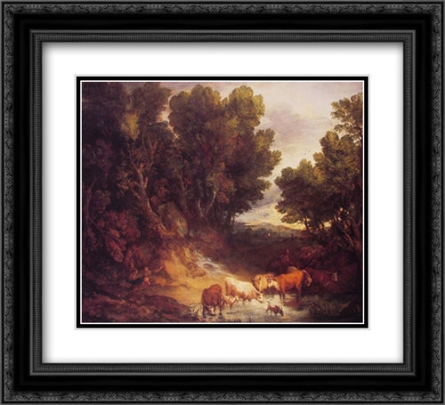 The Watering Place 22x20 Black Ornate Wood Framed Art Print Poster with Double Matting by Gainsborough, Thomas