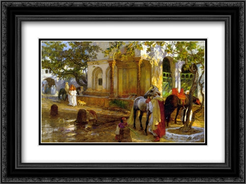 At The Fountain 24x18 Black Ornate Wood Framed Art Print Poster with Double Matting by Bridgman, Frederick Arthur