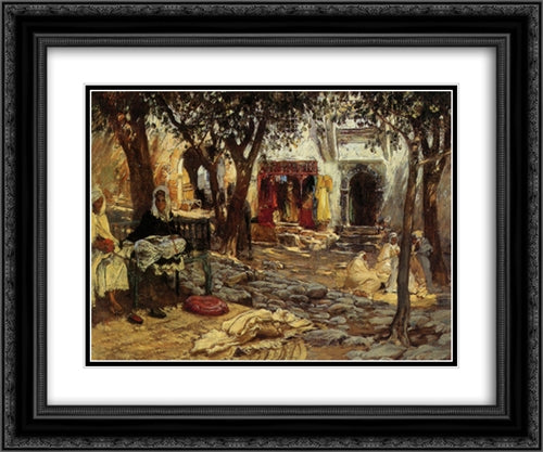 Idle Moments An Arab Courtyard 24x20 Black Ornate Wood Framed Art Print Poster with Double Matting by Bridgman, Frederick Arthur
