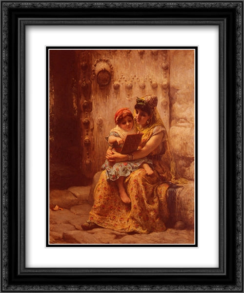The Reading Lesson 20x24 Black Ornate Wood Framed Art Print Poster with Double Matting by Bridgman, Frederick Arthur