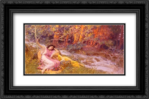 Reclining By A Stream 24x16 Black Ornate Wood Framed Art Print Poster with Double Matting by Bridgman, Frederick Arthur