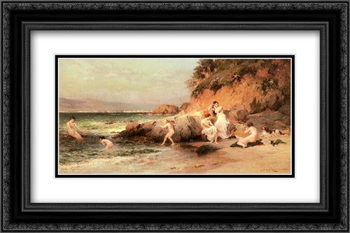 The Bathing Beauties 24x16 Black Ornate Wood Framed Art Print Poster with Double Matting by Bridgman, Frederick Arthur