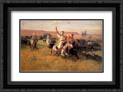 The Falcon Hunt 24x18 Black Ornate Wood Framed Art Print Poster with Double Matting by Bridgman, Frederick Arthur