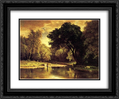 Fisherman in a Stream 24x20 Black Ornate Wood Framed Art Print Poster with Double Matting by Inness, George