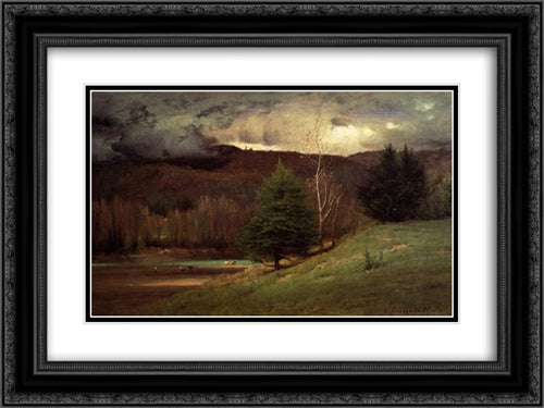 Kearsarge Village 24x18 Black Ornate Wood Framed Art Print Poster with Double Matting by Inness, George
