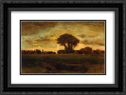 Sunset on a Meadow 24x18 Black Ornate Wood Framed Art Print Poster with Double Matting by Inness, George