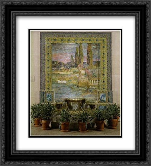 Garden Landscape and Fountain 20x22 Black Ornate Wood Framed Art Print Poster with Double Matting by Tiffany, Louis Comfort