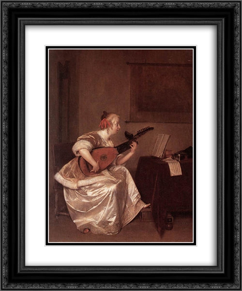 The Lute Player 20x24 Black Ornate Wood Framed Art Print Poster with Double Matting by Terborch, Gerard