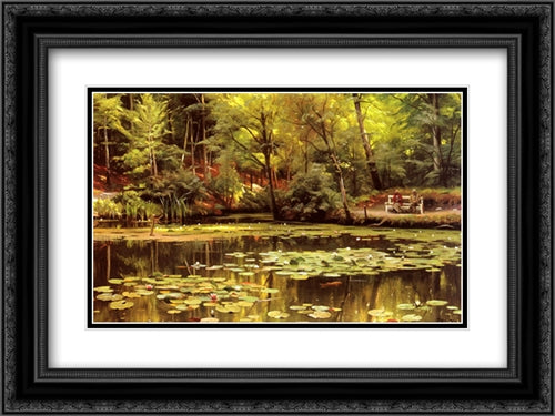 Waterlilies 24x18 Black Ornate Wood Framed Art Print Poster with Double Matting by Monsted, Peder Mork