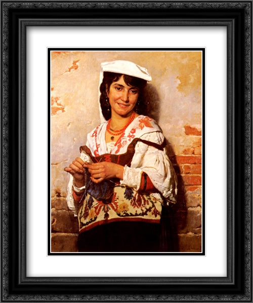 Jeune Fille Italienne 20x24 Black Ornate Wood Framed Art Print Poster with Double Matting by Bonnat, Leon