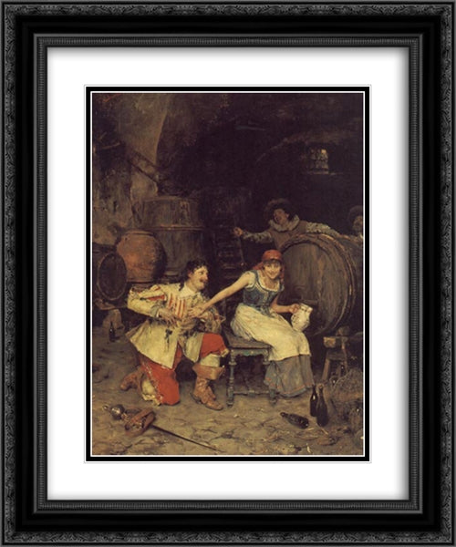 Flirtation in the Wine Cellar 20x24 Black Ornate Wood Framed Art Print Poster with Double Matting by Andreotti, Federico