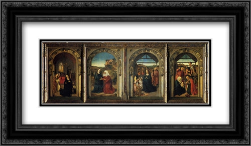 Polyptych Showing The Annunciation, The Visitation, The Adoration Of The Angels And The Adoration Of The Kings 24x14 Black Ornate Wood Framed Art Print Poster with Double Matting by Bouts, Dirck