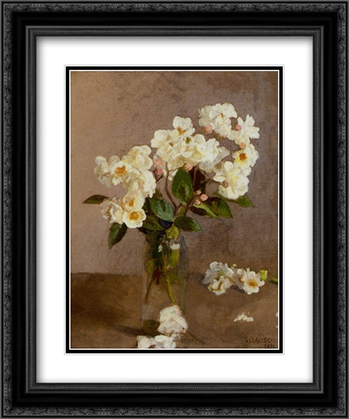 Little White Roses 20x24 Black Ornate Wood Framed Art Print Poster with Double Matting by Clausen, Sir George
