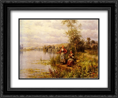 Country Women Fishing on a Summer Afternoon 24x20 Black Ornate Wood Framed Art Print Poster with Double Matting by Knight, Louis Aston