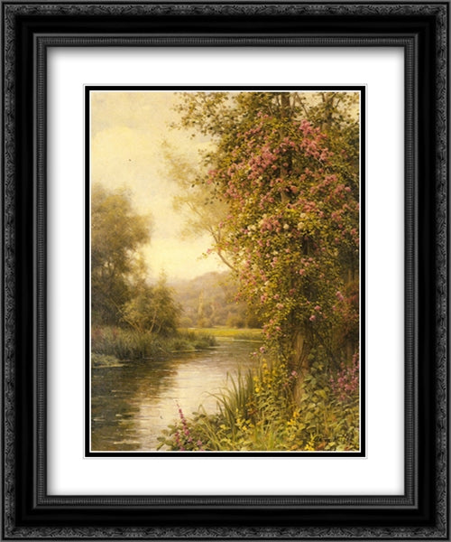 A Flowering Vine along a Winding Stream with a Country Church Beyond 20x24 Black Ornate Wood Framed Art Print Poster with Double Matting by Knight, Louis Aston