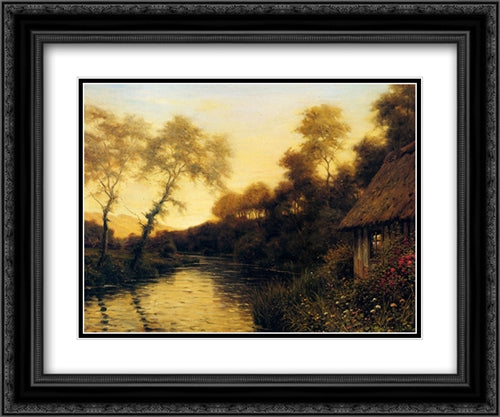 A French River Landscape At Sunset 24x20 Black Ornate Wood Framed Art Print Poster with Double Matting by Knight, Louis Aston