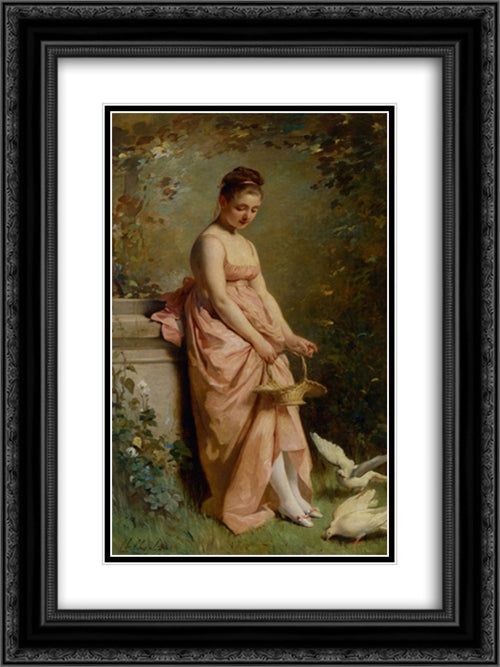 Feeding Doves 18x24 Black Ornate Wood Framed Art Print Poster with Double Matting by Chaplin, Charles Joshua