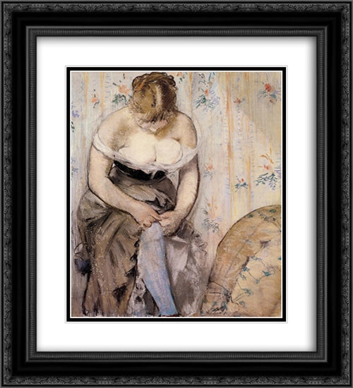 Woman fastening her garter 20x22 Black Ornate Wood Framed Art Print Poster with Double Matting by Manet, Edouard