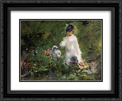 Young woman among the flowers 24x20 Black Ornate Wood Framed Art Print Poster with Double Matting by Manet, Edouard