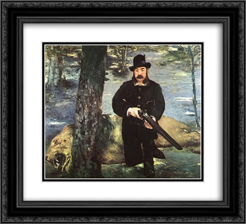 Pertuiset, Lion Hunter 22x20 Black Ornate Wood Framed Art Print Poster with Double Matting by Manet, Edouard