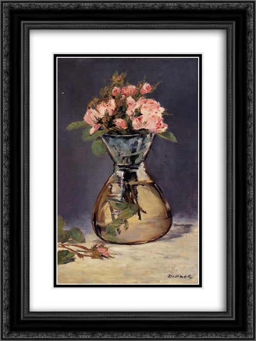 Moss Roses in a Vase 18x24 Black Ornate Wood Framed Art Print Poster with Double Matting by Manet, Edouard