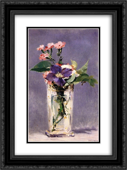 Pinks and Clematis in a Crystal Vase 18x24 Black Ornate Wood Framed Art Print Poster with Double Matting by Manet, Edouard