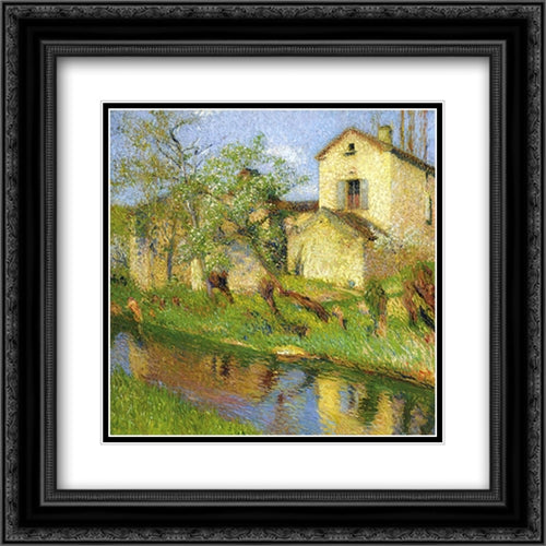 House on Stream 20x20 Black Ornate Wood Framed Art Print Poster with Double Matting by Martin, Henri