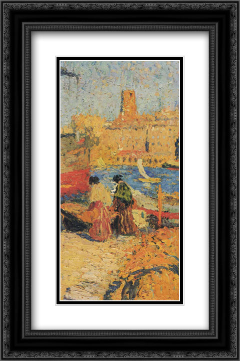 Woman Sitting in a Port 16x24 Black Ornate Wood Framed Art Print Poster with Double Matting by Martin, Henri
