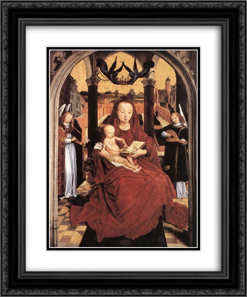 Virgin and Child Enthroned with two Musical Angels 20x24 Black Ornate Wood Framed Art Print Poster with Double Matting by Memling, Hans
