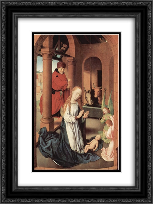 The Nativity, left wing of a triptych of the Adoration of the Magi 18x24 Black Ornate Wood Framed Art Print Poster with Double Matting by Memling, Hans