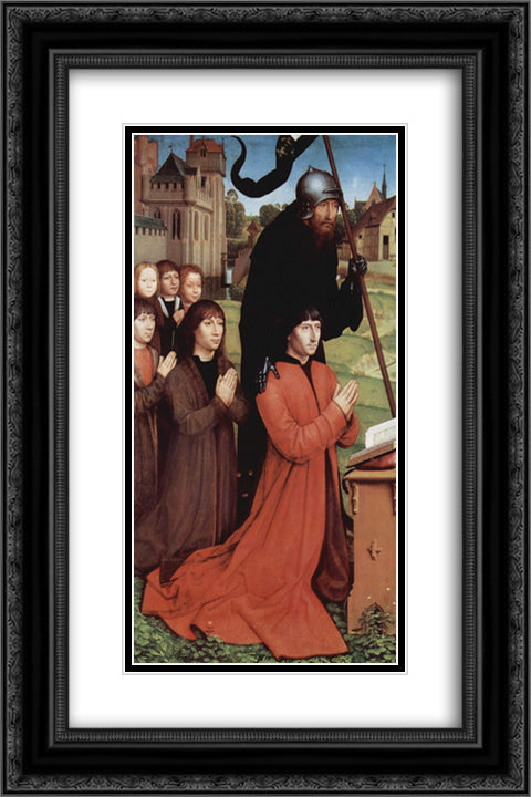 Triptych of Willem Moreel, left wing, the founder Willem Moreel, his sons and St. William of Maleval 16x24 Black Ornate Wood Framed Art Print Poster with Double Matting by Memling, Hans