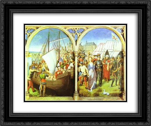 The Martyrdom of St. Ursula's Companions and The Martyrdom of St. Ursula. From the Shrine of St. Ursula 24x20 Black Ornate Wood Framed Art Print Poster with Double Matting by Memling, Hans