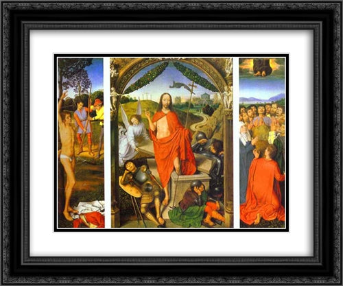 Triptych of the Resurrection: The Resurrection (centre) The Martyrdom of St. Sebastian (left) and The Ascension (right) 24x20 Black Ornate Wood Framed Art Print Poster with Double Matting by Memling, Hans