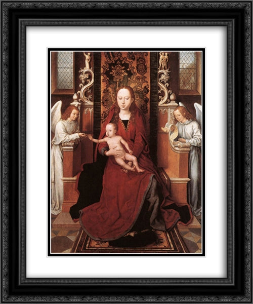 Virgin and Child Enthroned with Two Angels 20x24 Black Ornate Wood Framed Art Print Poster with Double Matting by Memling, Hans
