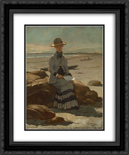 Young Lady on the Beach 20x24 Black Ornate Wood Framed Art Print Poster with Double Matting by Metcalf, Willard