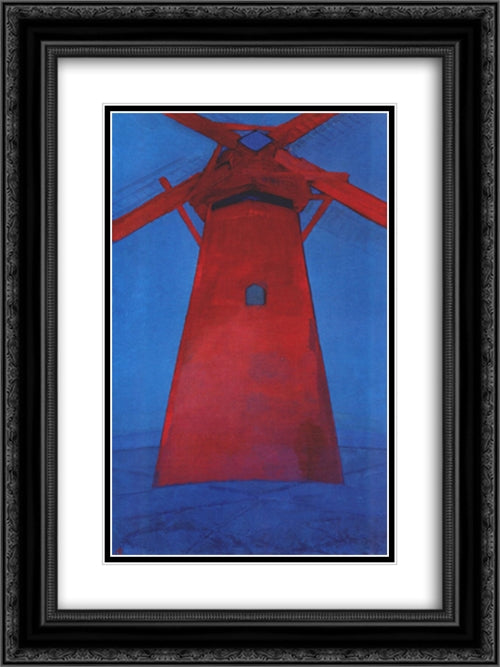 The Red Mill 18x24 Black Ornate Wood Framed Art Print Poster with Double Matting by Mondrian, Piet