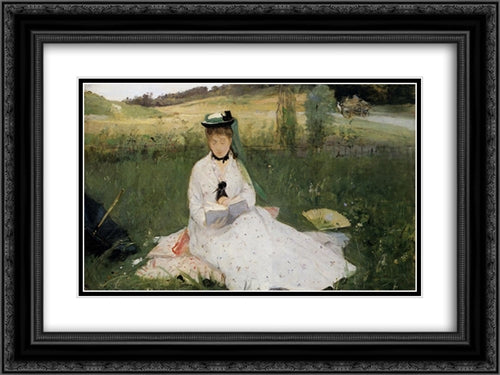 Reading with Green Umbrella 24x18 Black Ornate Wood Framed Art Print Poster with Double Matting by Morisot, Berthe