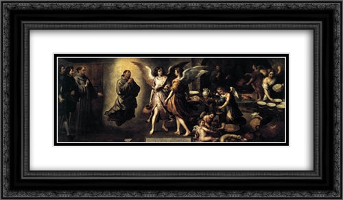 The Angels' Kitchen 24x14 Black Ornate Wood Framed Art Print Poster with Double Matting by Murillo, Bartolome Esteban