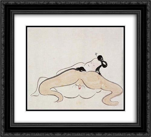 A Shunga 22x20 Black Ornate Wood Framed Art Print Poster with Double Matting by no Taiga, Ike
