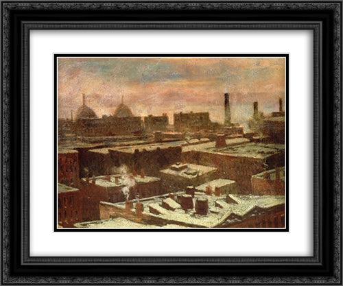 View of City Rooftops in Winte 24x20 Black Ornate Wood Framed Art Print Poster with Double Matting by Onderdonk, Robert Julian