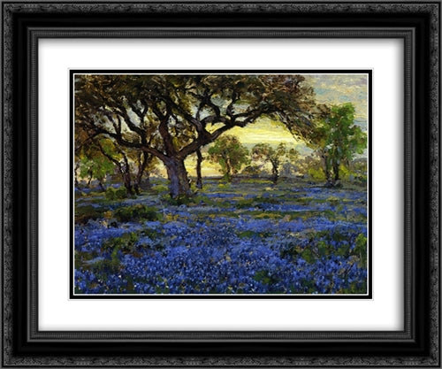 Old Live Oak Tree and Bluebonnets on the West Texas Military Grounds, San Antonio 24x20 Black Ornate Wood Framed Art Print Poster with Double Matting by Onderdonk, Robert Julian