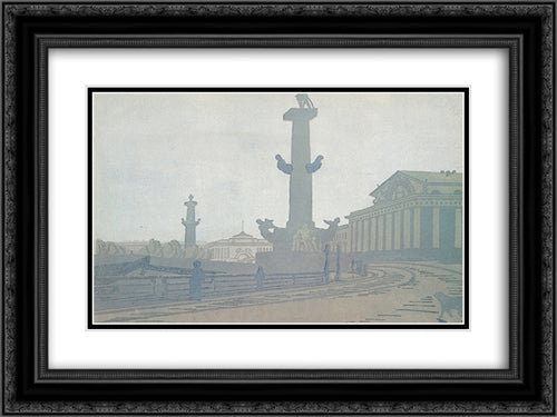 Petersburg. Rostral column and Exchange. 24x18 Black Ornate Wood Framed Art Print Poster with Double Matting by Ostroumova Lebedeva, Anna