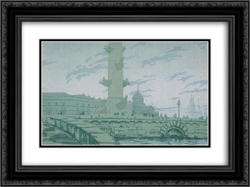 Petersburg. Rostral column and customs. 24x18 Black Ornate Wood Framed Art Print Poster with Double Matting by Ostroumova Lebedeva, Anna