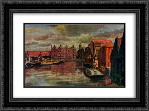 The Amsterdam Port 24x18 Black Ornate Wood Framed Art Print Poster with Double Matting by Ostroumova Lebedeva, Anna