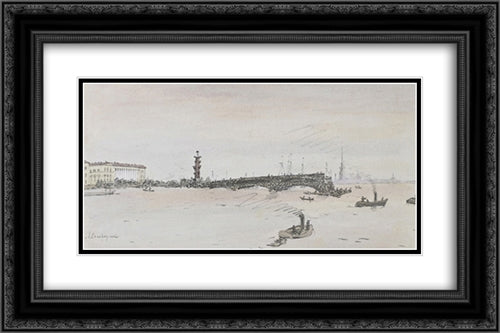 Construction of the Palace Bridge 24x16 Black Ornate Wood Framed Art Print Poster with Double Matting by Ostroumova Lebedeva, Anna