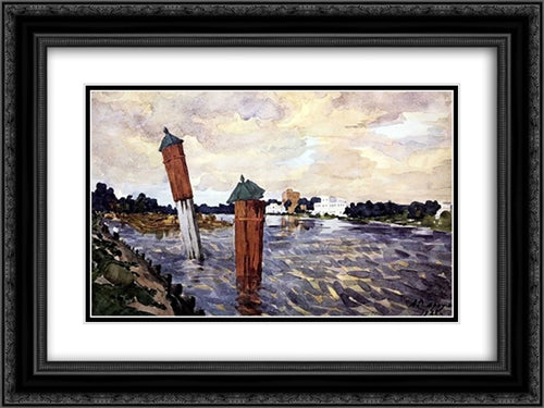 Petrograd. Red columns. 24x18 Black Ornate Wood Framed Art Print Poster with Double Matting by Ostroumova Lebedeva, Anna