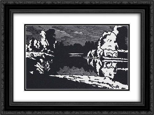 Moonlit night landscape 24x18 Black Ornate Wood Framed Art Print Poster with Double Matting by Ostroumova Lebedeva, Anna