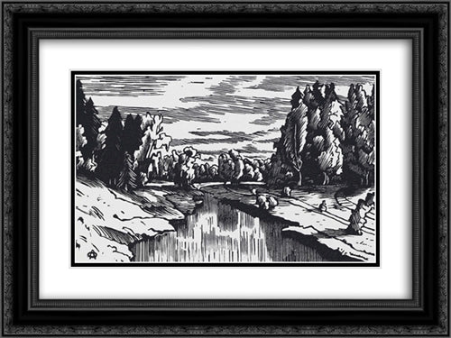 The valley Of the river Slavyanka 24x18 Black Ornate Wood Framed Art Print Poster with Double Matting by Ostroumova Lebedeva, Anna