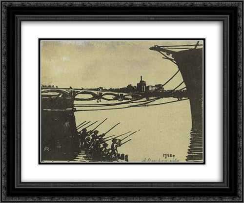 Leningrad. Fishing boys. 24x20 Black Ornate Wood Framed Art Print Poster with Double Matting by Ostroumova Lebedeva, Anna