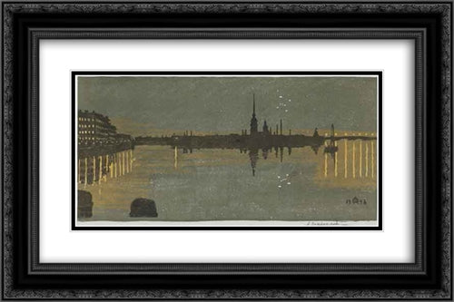 Leningrad. View of the fortress at night. 24x16 Black Ornate Wood Framed Art Print Poster with Double Matting by Ostroumova Lebedeva, Anna